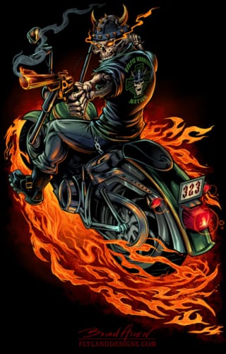 T-Shirt illustration of a skeleton riding a motorcycle through flames holding a gun