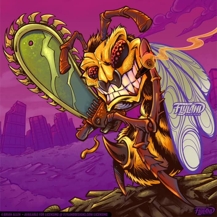 An angry bee holding a chainsaw atop the rubble of a city. Illustration by Brian Allen