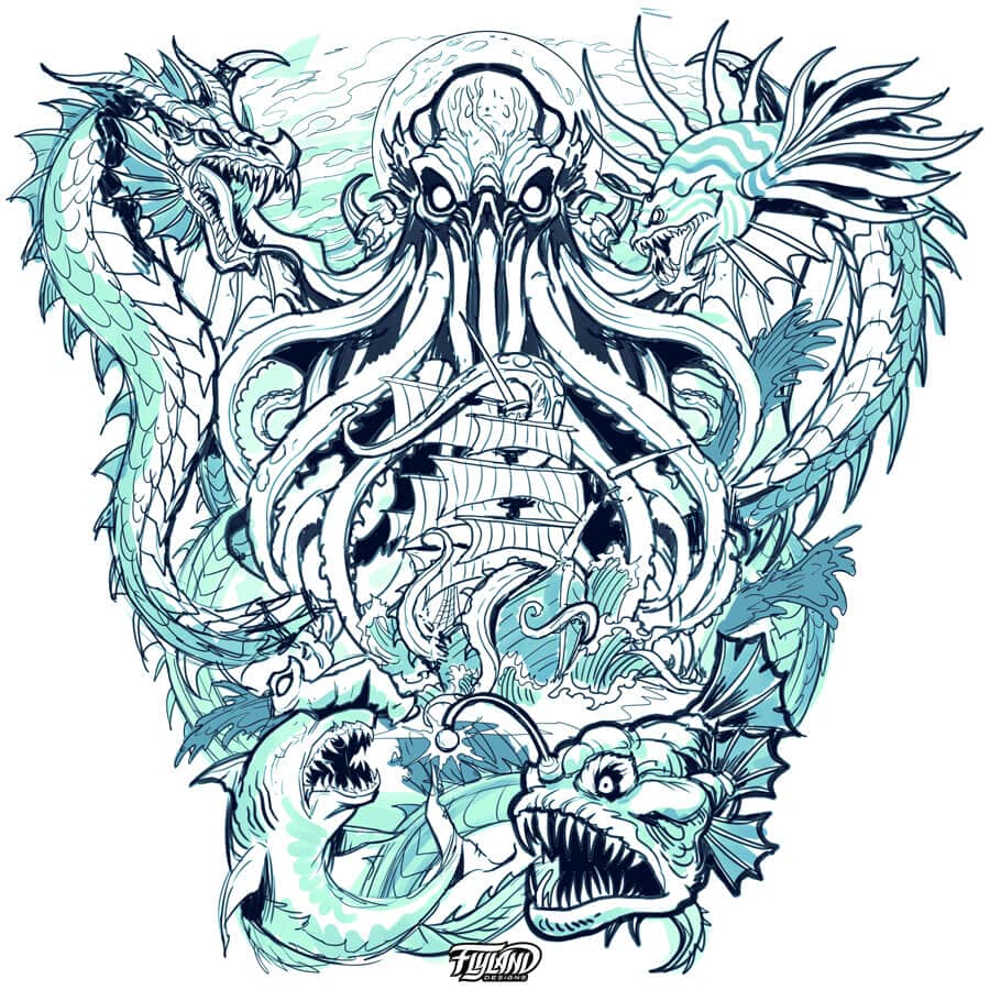 Tattoo design illustration of montage of Sea monsters Cthulu, sharks, anglers, and a ship in a nautical scene drawn by Brian Allen