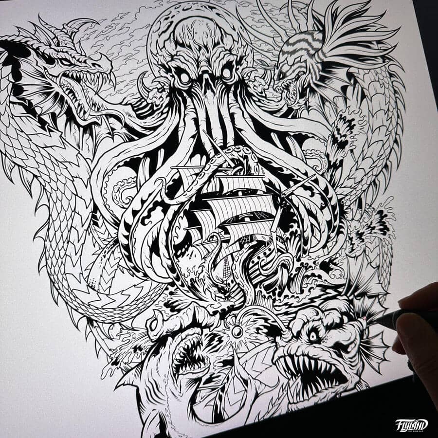Tattoo design illustration of montage of Sea monsters Cthulu, sharks, anglers, and a ship in a nautical scene drawn by Brian Allen