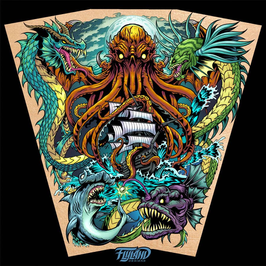 Tattoo design illustration of montage of Sea monsters Cthulu, sharks, anglers, and a ship in a nautical scene drawn by Brian Allen
