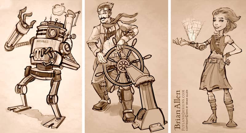 Steampunk family character design and robots