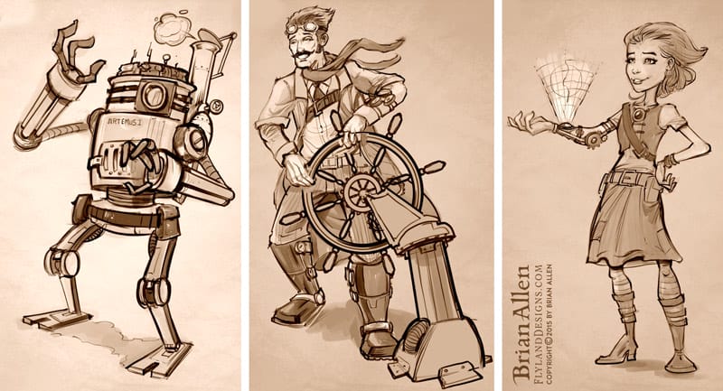 Steampunk family character design and robots