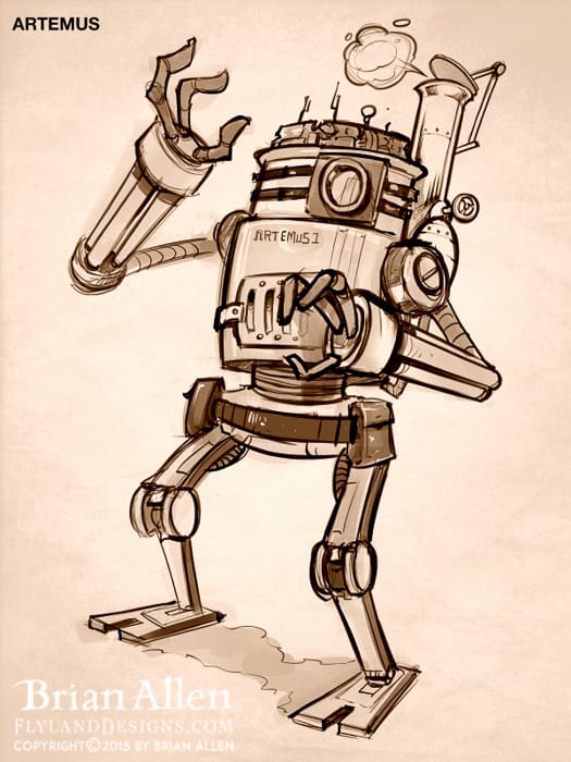 Steampunk family character design and robots