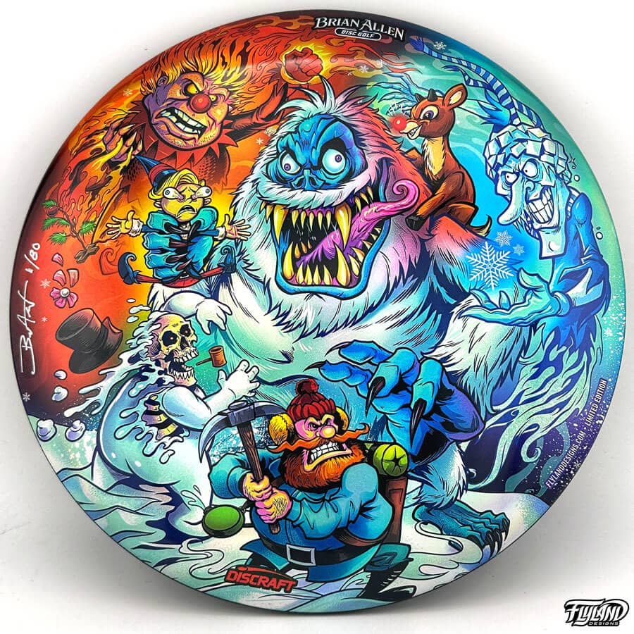 Disc golf illustration of the Abominable snowman from Rudolph the red nose reindeer fighting Frosty the Snowman, Heat miser, and Snow Miser and Yukon Cornelius by Brian Allen for a Full-Foil Discraft Buzzz