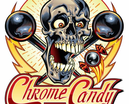 Skull logo design I illustrated for this cool company called Chrome Candy that manufactures custom handles for pinball machines, and other cool arcade parts.  We went through a couple sketches to get the right look at the beginning, and ended up with this