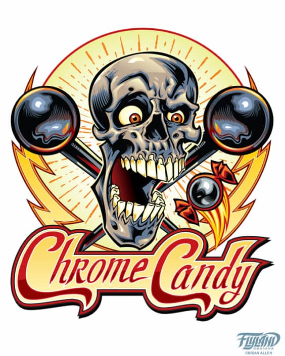 Skull logo design I illustrated for this cool company called Chrome Candy that manufactures custom handles for pinball machines, and other cool arcade parts.  We went through a couple sketches to get the right look at the beginning, and ended up with this