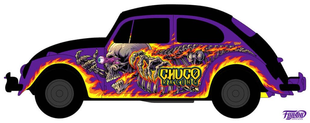 An illustration of a vehicle wrap for a Volkswagen beetle. The main car itself is purple and has a flaming skeleton on the side with an eye popping out. The Text reads "Chuco Racing" Cool purple graphic wrap for car. Flaming skull graphic vehicle wrap.