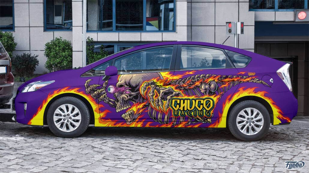 A picture of a vehicle wrap for a sedan. The main car itself is purple and has a flaming skeleton on the side with an eye popping out. The Text reads "Chuco Racing"