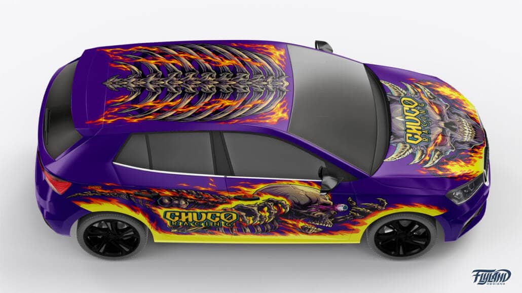 A picture of a vehicle wrap for a sedan. The main car itself is purple and has a flaming skeleton on the side with an eye popping out. The Text reads "Chuco Racing"