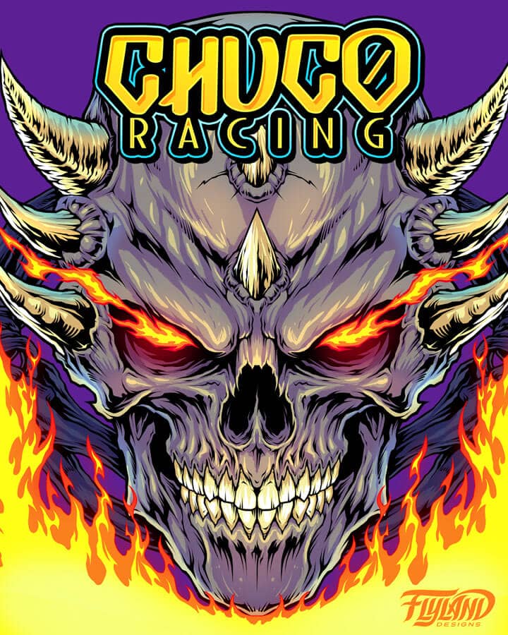 A detail shot of A picture of a vehicle wrap for a sedan. The main car itself is purple and has a flaming skeleton on the side with an eye popping out. The Text reads "Chuco Racing"