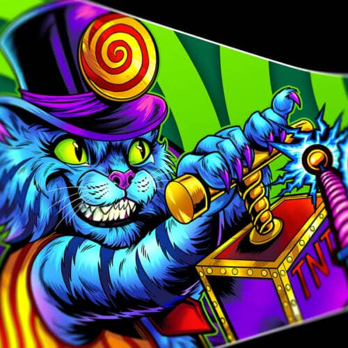 Artwork of a colorful cat and a green circus ringleader for the Cirqus Voltaire pinball machine magnetic apron drawn by artist Brian Allen