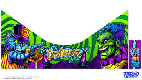 Artwork of a colorful cat and a green circus ringleader for the Cirqus Voltaire pinball machine magnetic apron drawn by artist Brian Allen