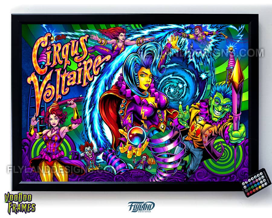 Alternate translite drawn for Cirwus Voltaire pinball machines of circus performers, a ringleader, and clowns inside a LED Voodoo Frame