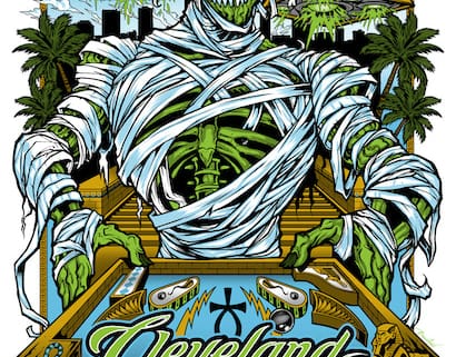 cleveland pinball and arcade show poster of a skeleton mummy playing pinball with pyramid spaceships flying in the sky