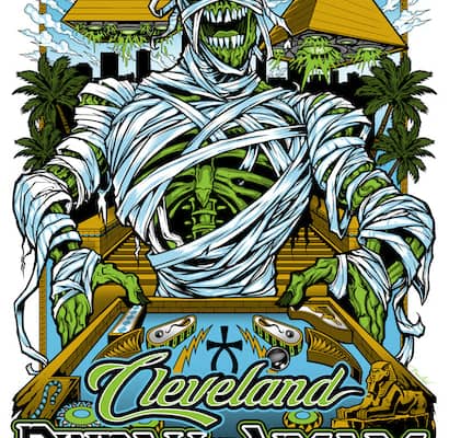 cleveland pinball and arcade show poster of a skeleton mummy playing pinball with pyramid spaceships flying in the sky