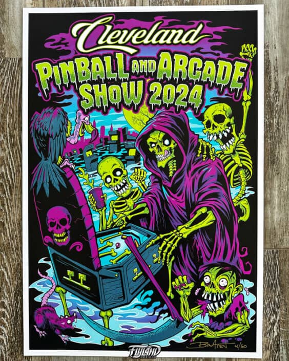 Colorful illustration of a grim reaper and skeletons playing pinball in a graveyard