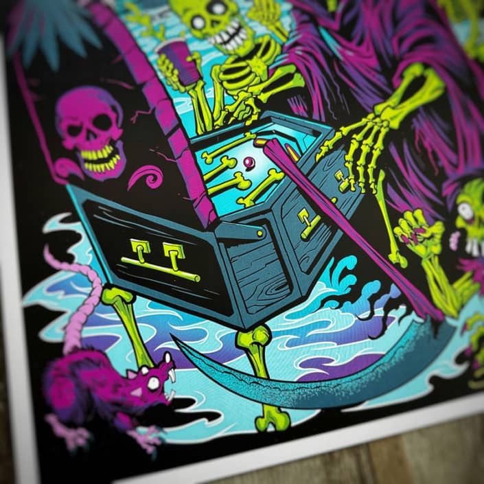 Colorful illustration of a grim reaper and skeletons playing pinball in a graveyard