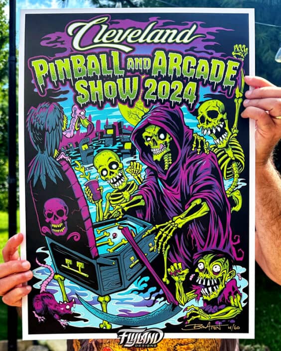 Colorful illustration of a grim reaper and skeletons playing pinball in a graveyard