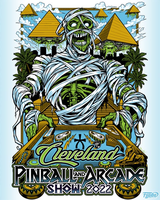 cleveland pinball and arcade show poster of a skeleton mummy playing pinball with pyramid spaceships flying in the sky