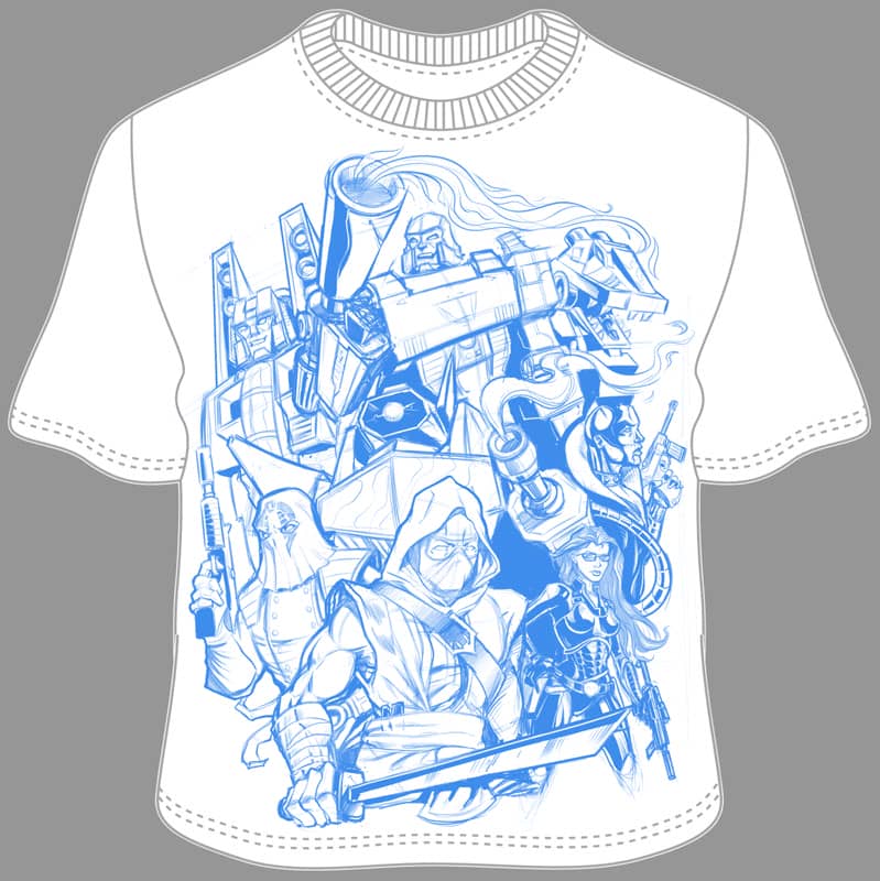 Silk screen t-shirt illustration of Cobra, Transformers, Gi Joe, and Decepticons