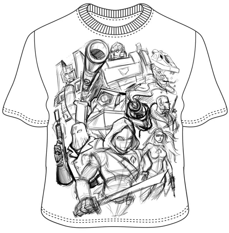 Silk screen t-shirt illustration of Cobra, Transformers, Gi Joe, and Decepticons