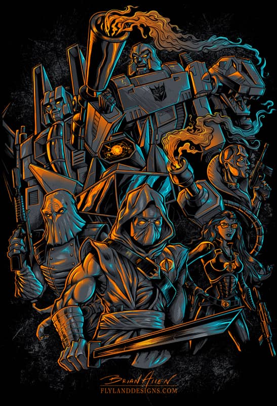 Silk screen t-shirt illustration of Cobra, Transformers, Gi Joe, and Decepticons