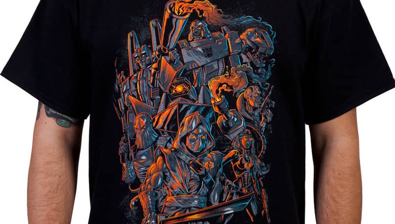 Silk screen t-shirt illustration of Cobra, Transformers, Gi Joe, and Decepticons