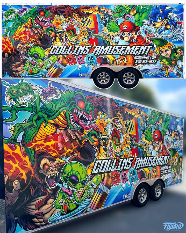 A vehicle wrap for a truck trailer featuring many classic video game characters like Mario, Sonic, Pacman, Qbert, and more.