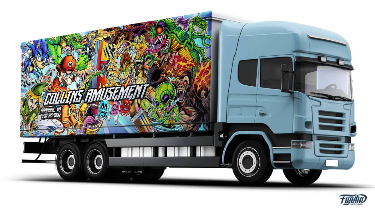 A vehicle wrap for a truck trailer featuring many classic video game characters like Mario, Sonic, Pacman, Qbert, and more. Graphic wrap for vehicle. Cool retro vehicle wrap.