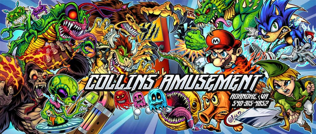 A vehicle wrap for a truck trailer featuring many classic video game characters like Mario, Sonic, Pacman, Qbert, and more. Text reads "Collins Amusement"