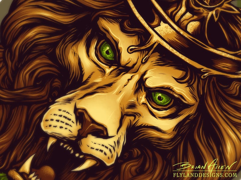 T-Shirt design of an illustrated lion wearing a crown of amber colored wax.