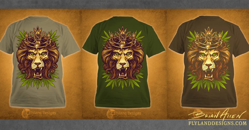 T-Shirt design of an illustrated lion wearing a crown of amber colored wax.