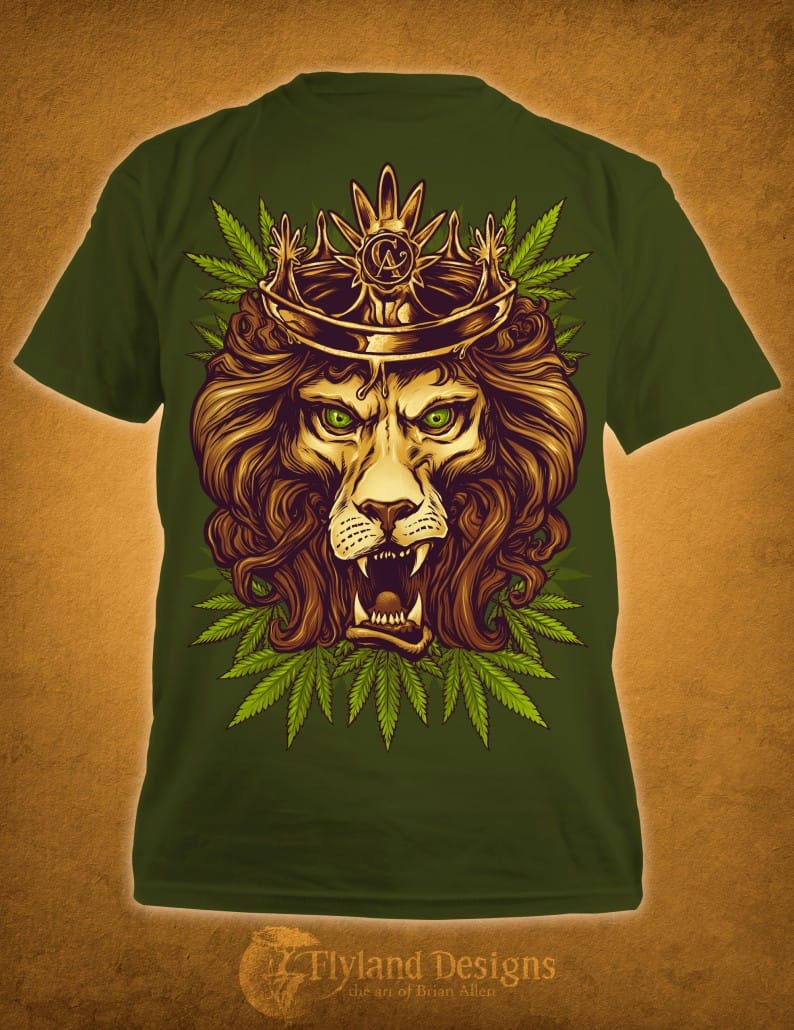 T-Shirt design of an illustrated lion wearing a crown of amber colored wax.