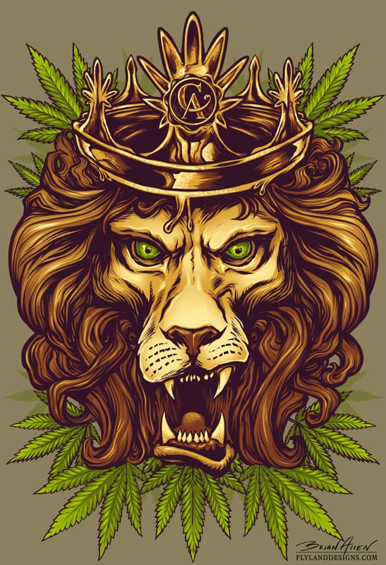 T-Shirt design of an illustrated lion wearing a crown of amber colored wax.