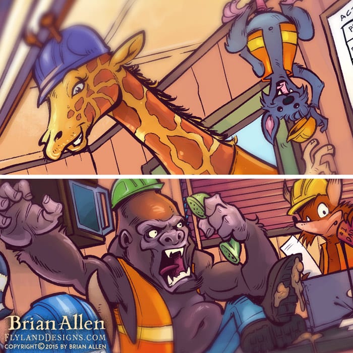 Detailed children’s book illustration of animals at a construction site.