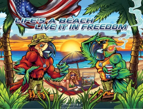 Custom illustration of two parrots on the beach for a graphic wrap