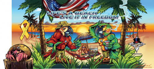 Custom illustration of two parrots on the beach for a graphic wrap