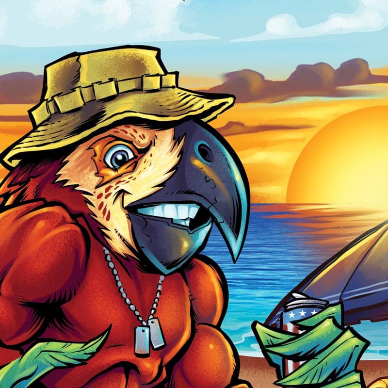 Custom illustration of two parrots on the beach for a graphic wrap