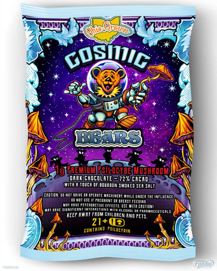 Cosmic Bear shroom space theme packaging design featuring an astronaut bear holding a mushroom, drawn by artist Brian Allen