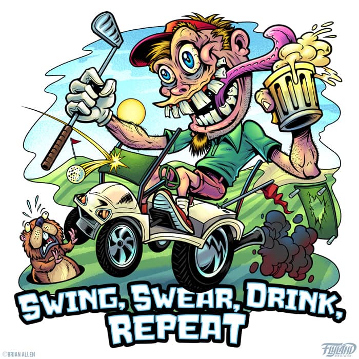 A T-shirt that I designed featuring a man on a golf cart with a club and a cold brew of beer in his hands while a groundhog is scared about getting run over.