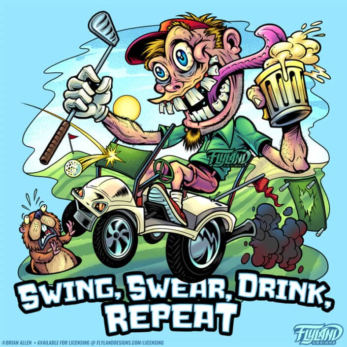 A crazy man in green who is playing golf drunkenly drives a golfcart while holding a beer and golf club, illustration by Brian Allen