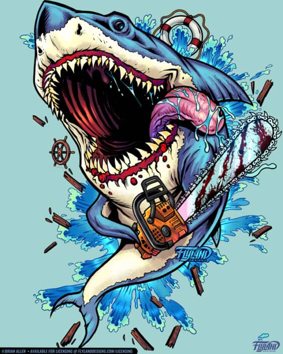 A crazy pinball shark holds a chainsaw, illustration By Brian Allen