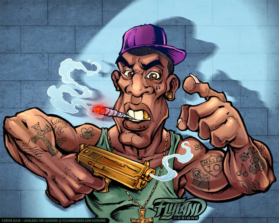 A man with a gold gun, cigar, and purple cap.