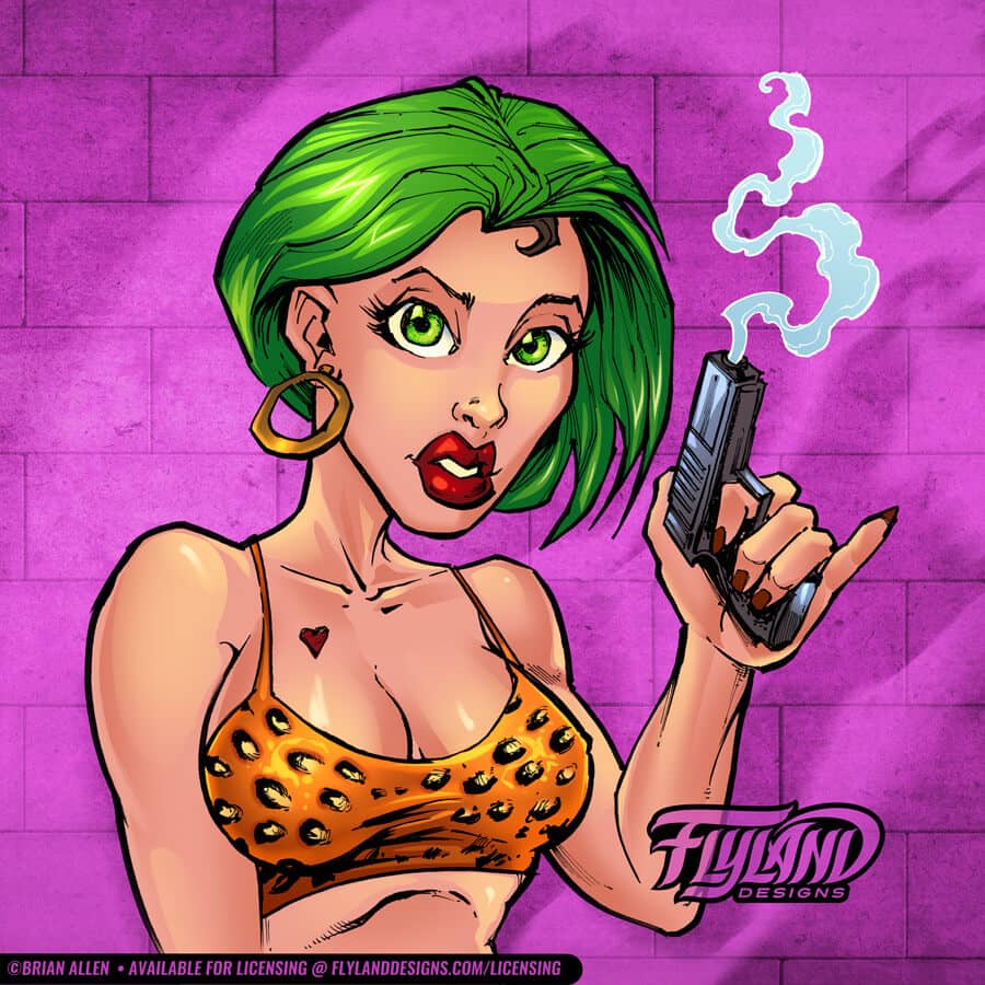 A woman with green hair, hoop earrings, cheetah print top, and a gun.