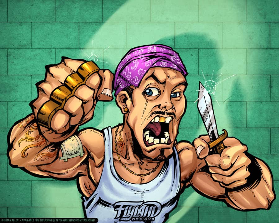 A man with a purple bandana, brass knuckles, a gold tooth, and a knife.