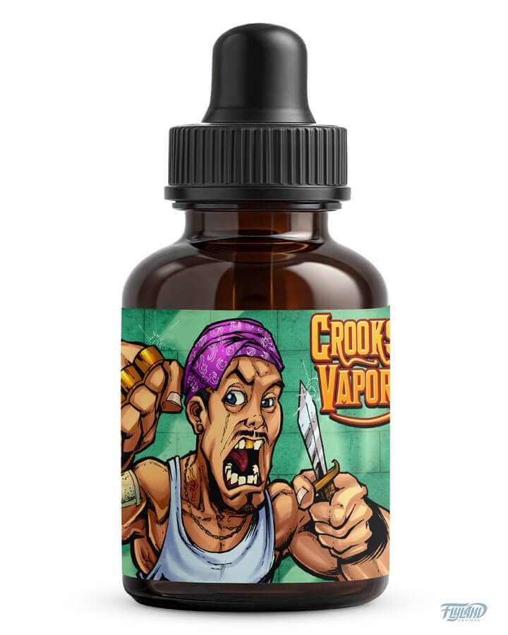Character designs of crooks and criminals I illustrated for a line of vaping labels for a series of eJuice sold by Crooks Vapors.