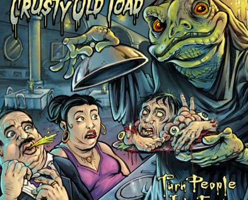 Album cover called “Turn People Into Food” I illustrated for the heavy metal band Crusty Old Toad featuring the first giant toad monk holding a plate of body parts that I’ve ever drawn!