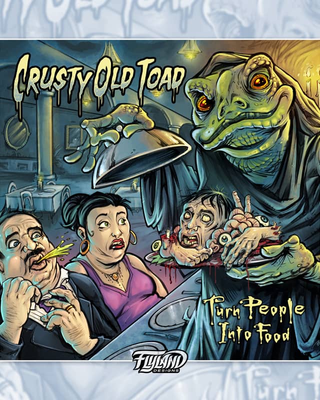 Album cover called “Turn People Into Food” I illustrated for the heavy metal band Crusty Old Toad featuring the first giant toad monk holding a plate of body parts that I’ve ever drawn!