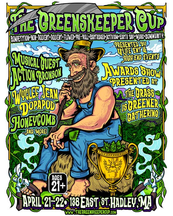 A logo design created for The Grass is Greener Gathering of a green lawn with speakers and a large mountain range in front of the sun along with a poster of an old farm man smoking in a field while sitting on a hay bale.